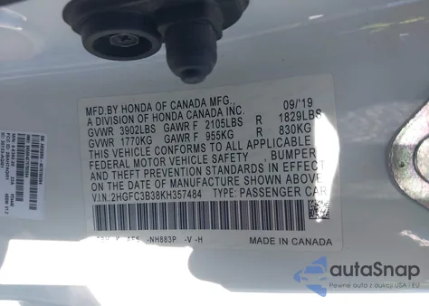 2019 Honda Civic Ex from USA, damaged, VIN 2HGFC3B38KH357484